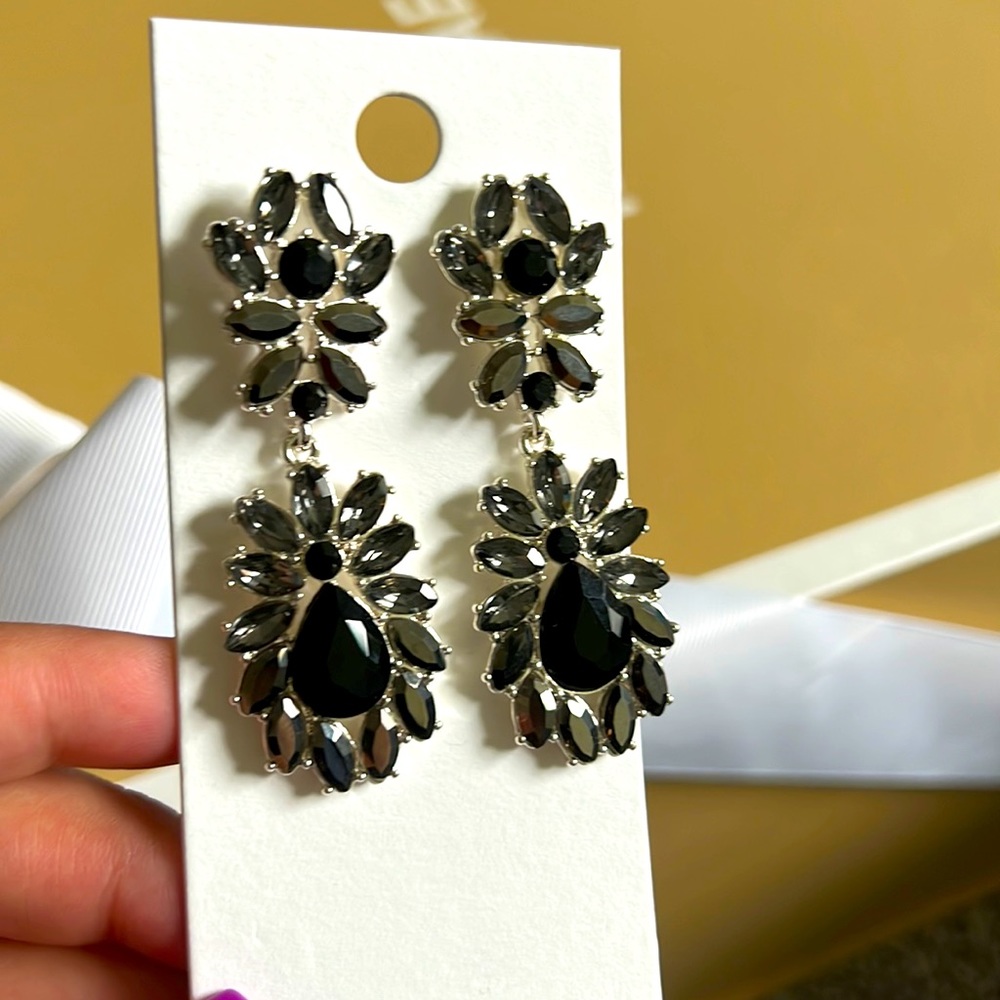 New Express black crystal “diamond” fancy chandelier long drop earrings